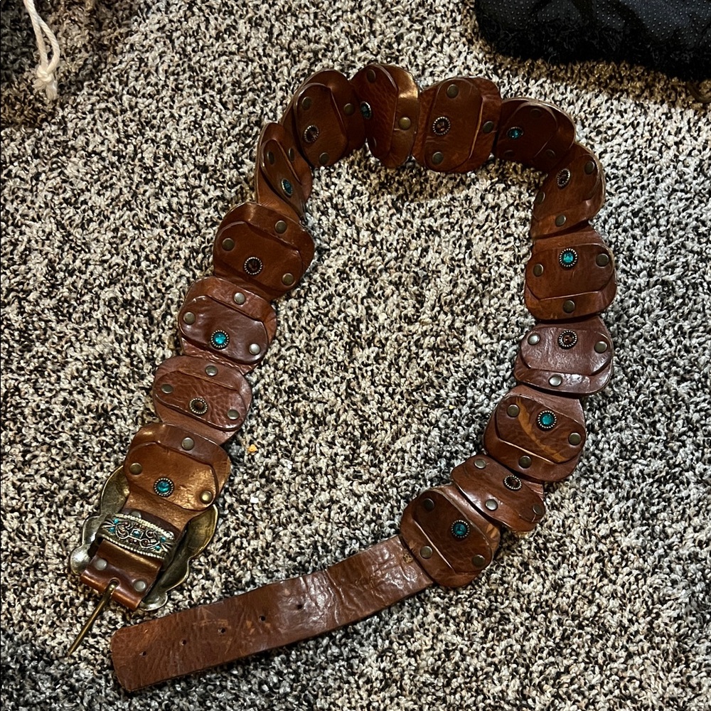 Free people Brown Leather Belt with blue crystal Accents tip to tip apx 46.25